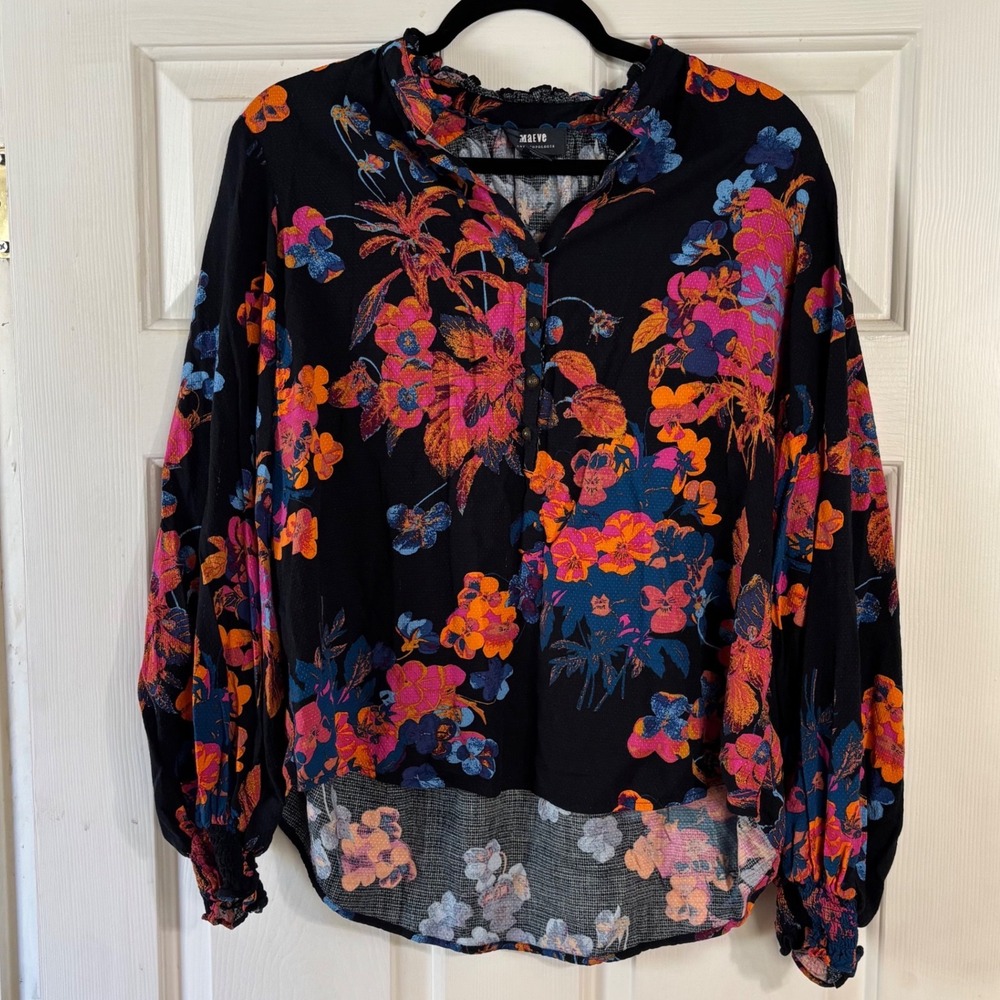 Maeve Anthropologie Blouse Womens M Black Floral Boho Balloon Sleeve